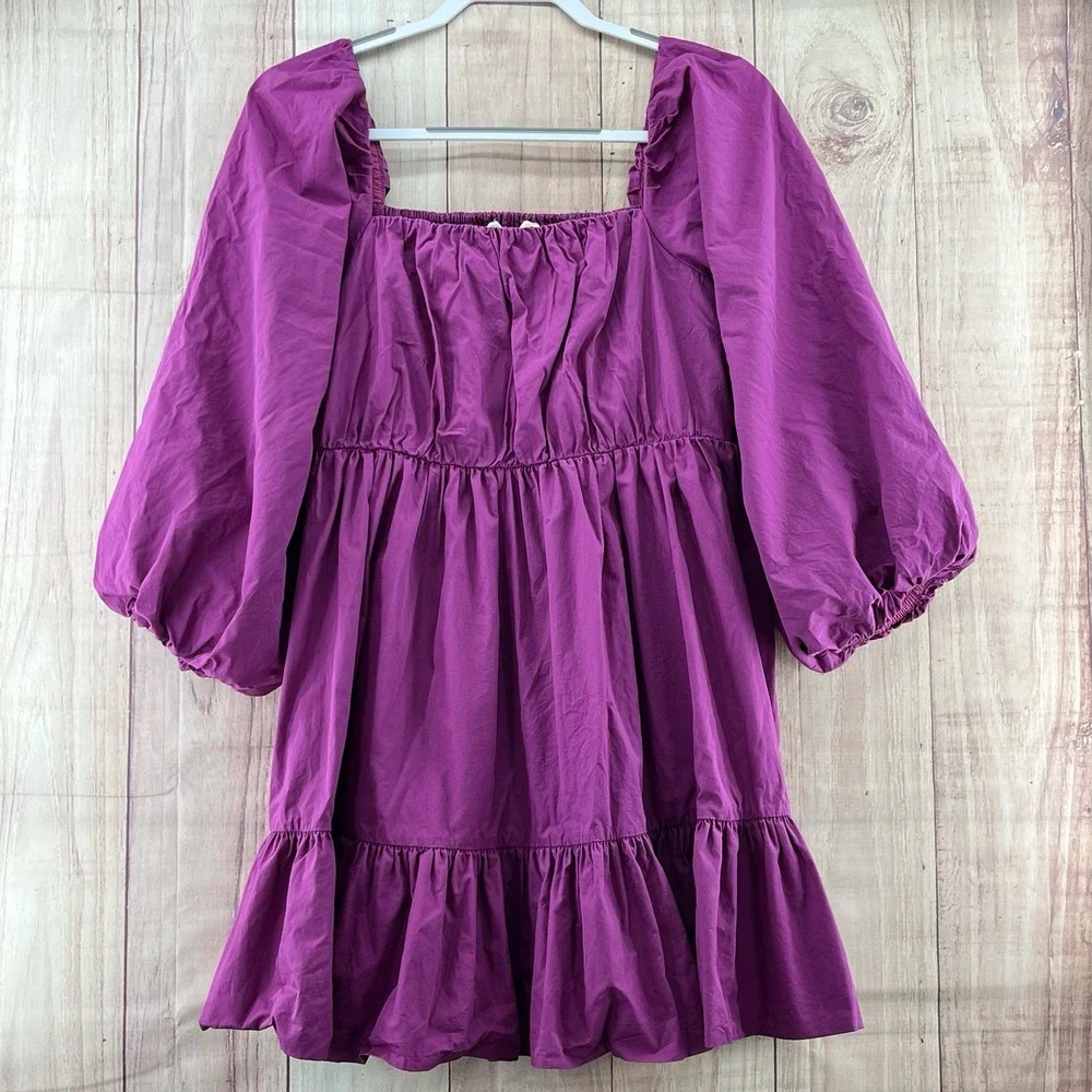 Anthropologie x Mare Mare‎ Mini Dress Sz M Purple Pink Puff Ballon Sleeve Casual